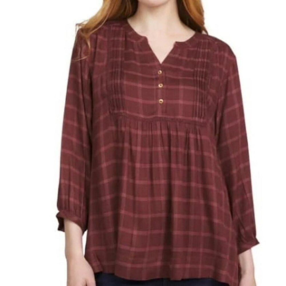 Wrangler‎ Plaid 3/4 Sleeve Button Up Tunic Top Blouse, Maroon, Women's Medium